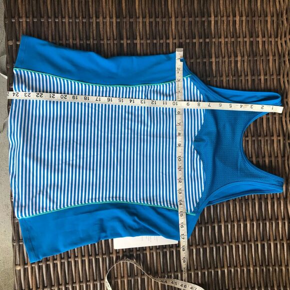 lucy Womens Tank Top Sz Large Be Strong Azul Stripe Striped Blue Athleisure NEW - Picture 6 of 7